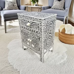 Black Bone Inlay Floral Bedside